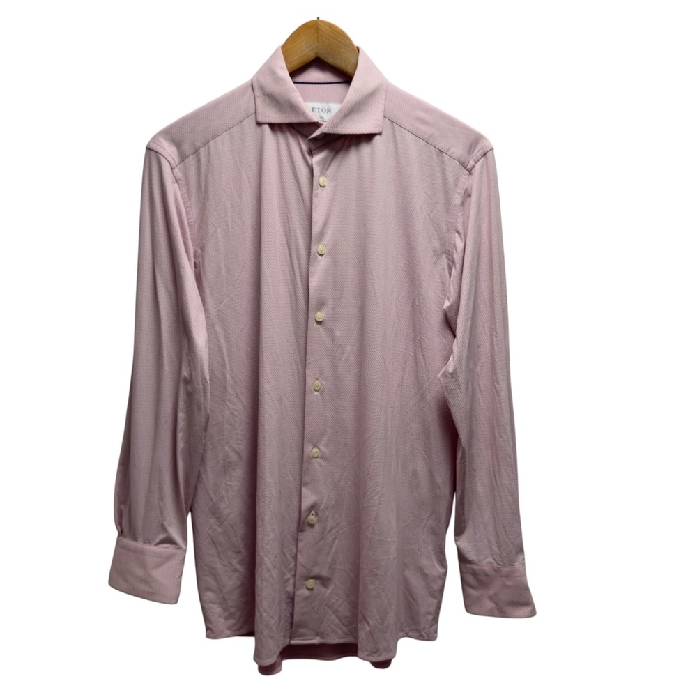 Eton Men's 15.5/39 Slim Pink/White Geometric Performance Stretch Dress Shirt euc - Picture 2 of 7
